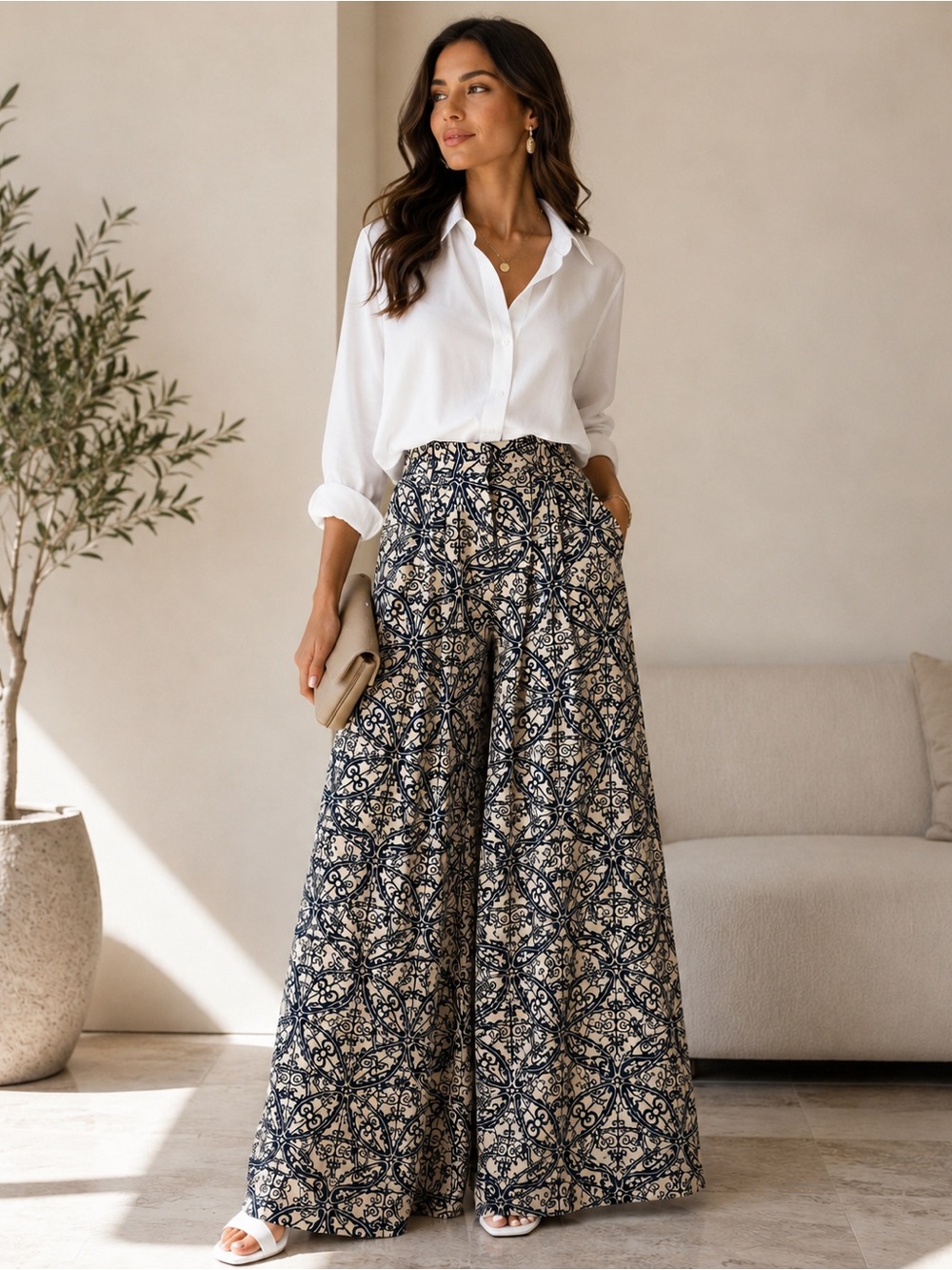 Cream & Navy Floral Circle Skirt — Flared Skater Style